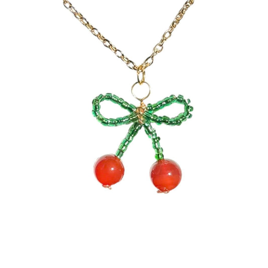 Beaded Cherry Bow Necklace