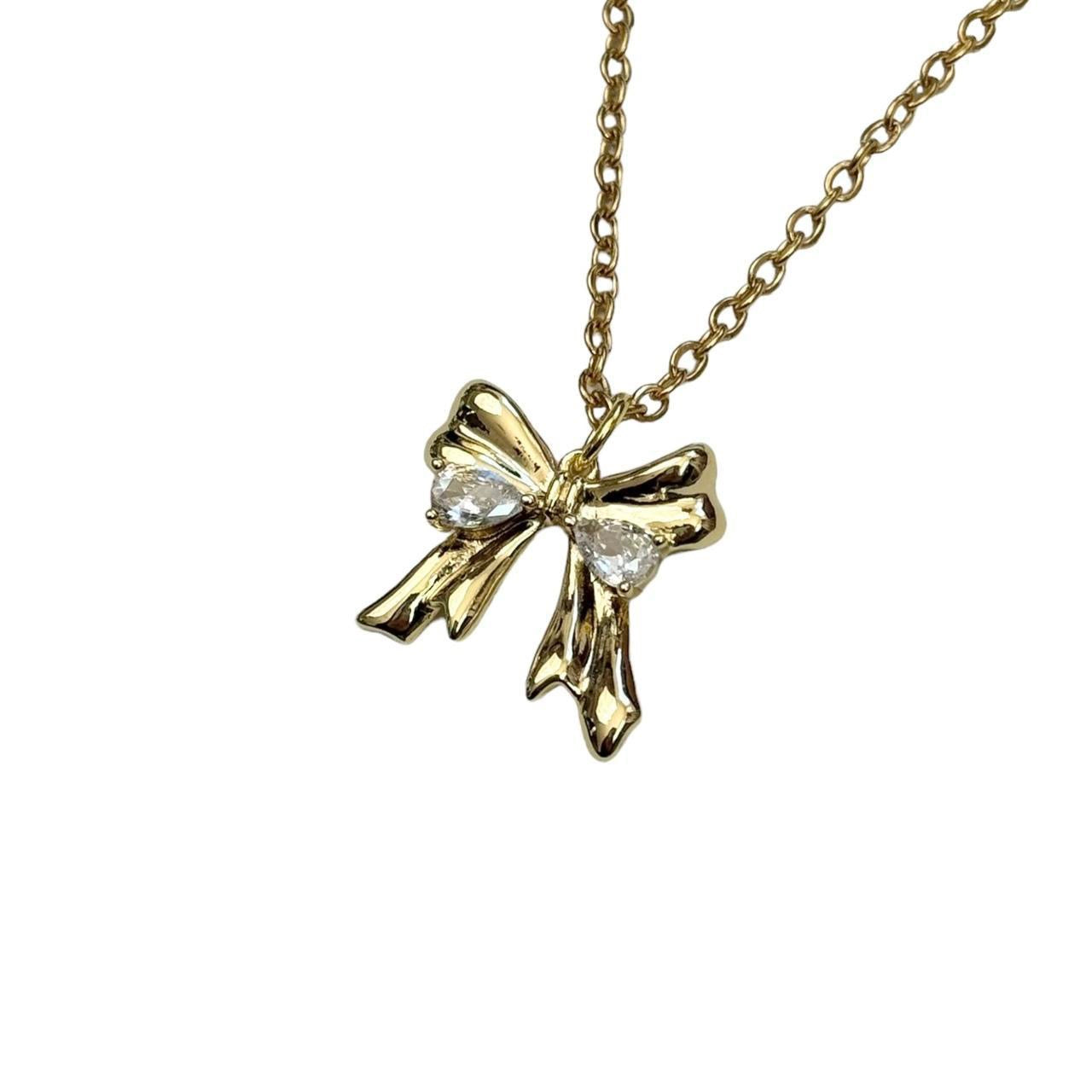 Gold Rhinestone Bow Necklace