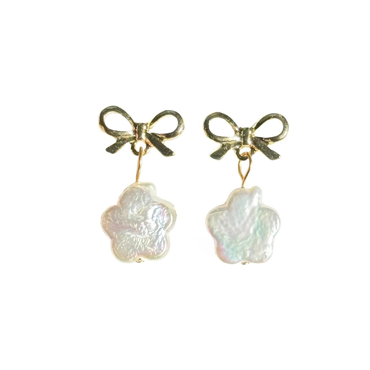 Gold Bow & Pearl Flower Earrings