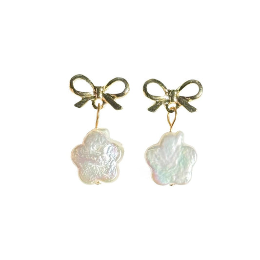 Gold Bow & Pearl Flower Earrings