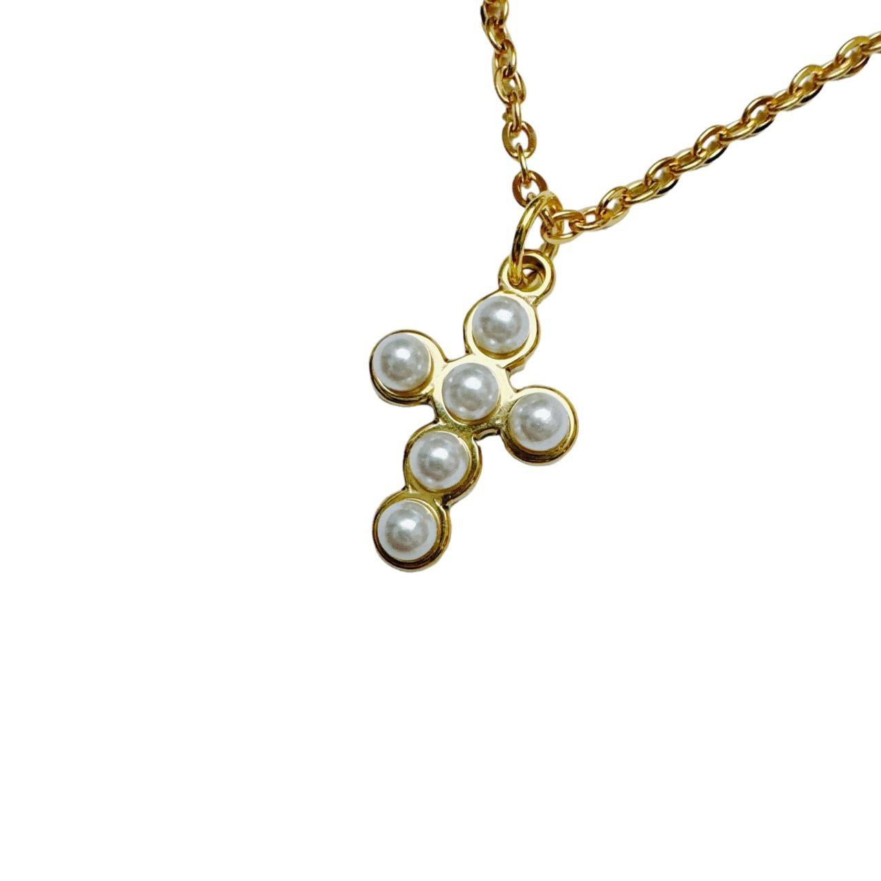 Gold Faux Pearl Cross Necklace