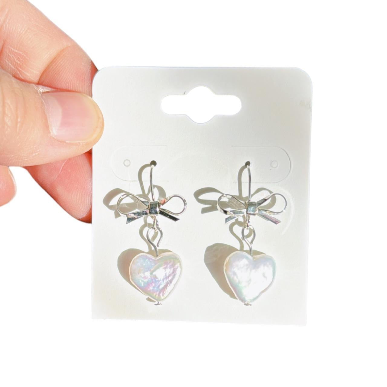 Silver Bow & Pearl Heart Earrings