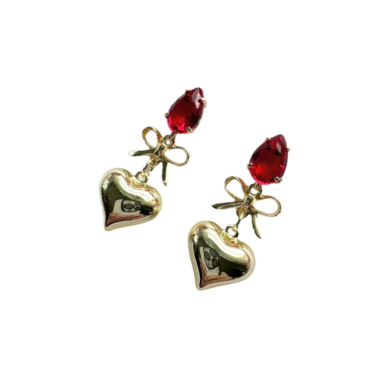 Red & Gold Bow & Heart Earrings