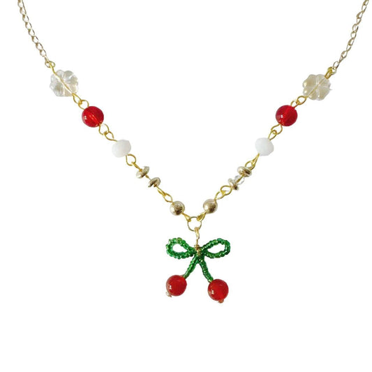 Gold Cherry Bow Beaded Necklace