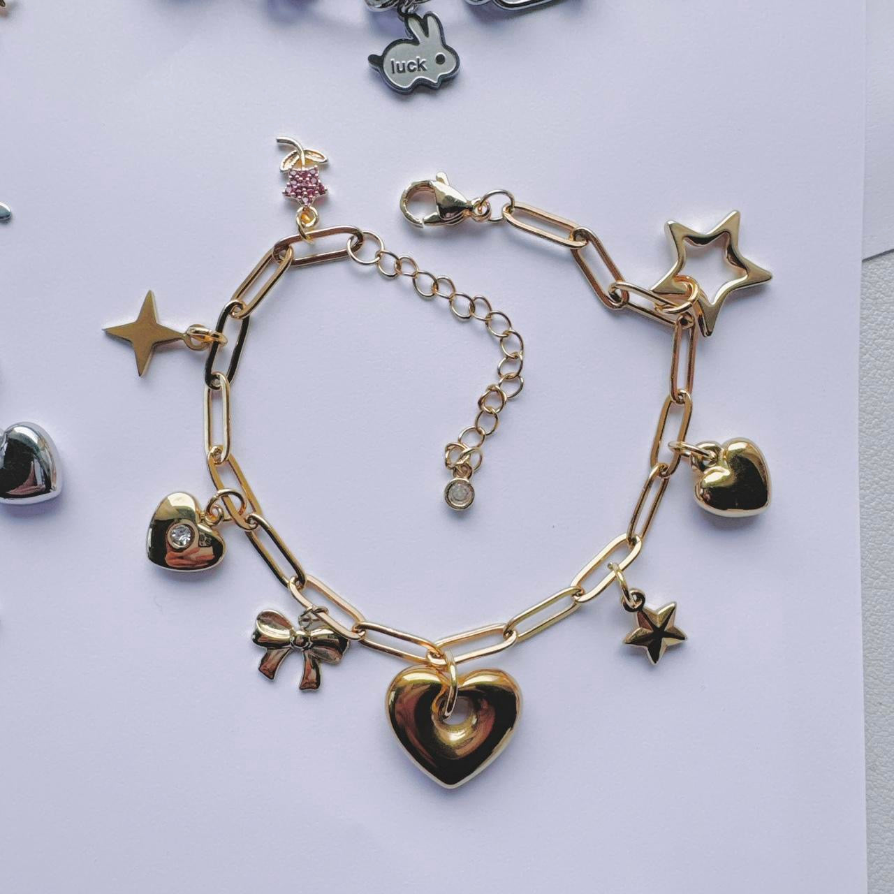 Gold Puffy Heart Charm Bracelet