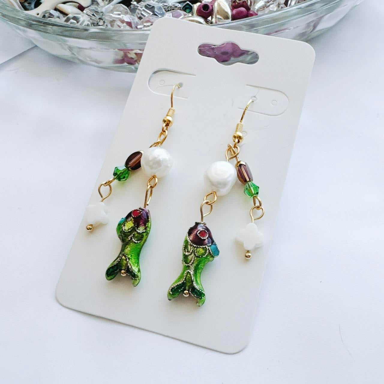 gold beaded fish earrings - purple