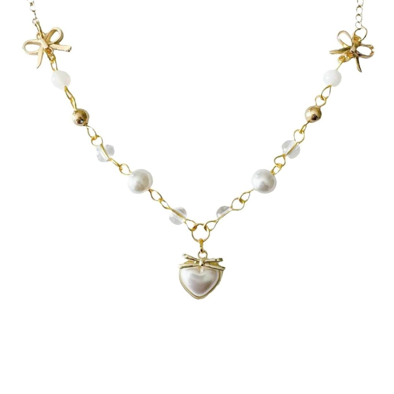 Gold Pearl Heart Beaded Necklace