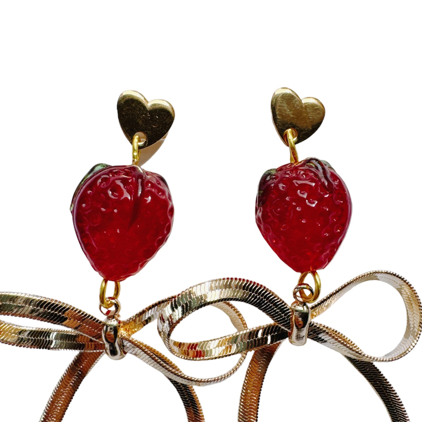 Gold Bow & Glass Strawberry Earrings