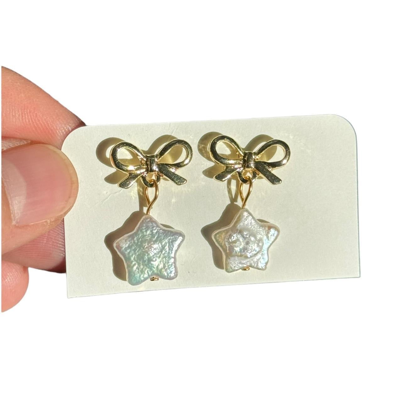 Gold Bow & Pearl Star Earrings