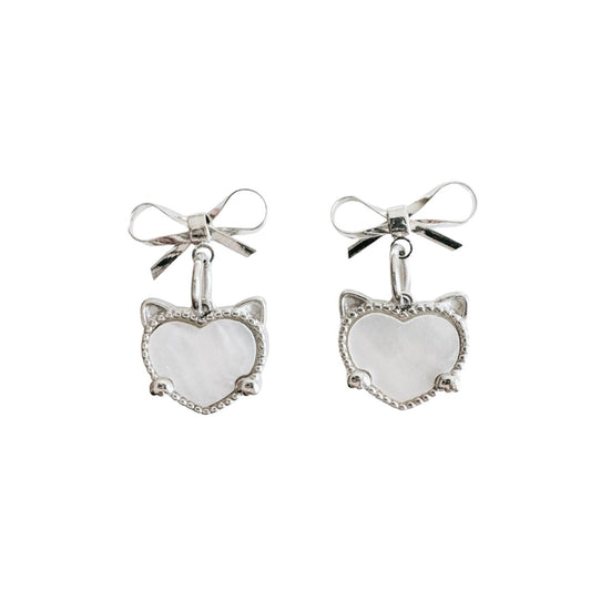 silver bow & cat shell heart earrings