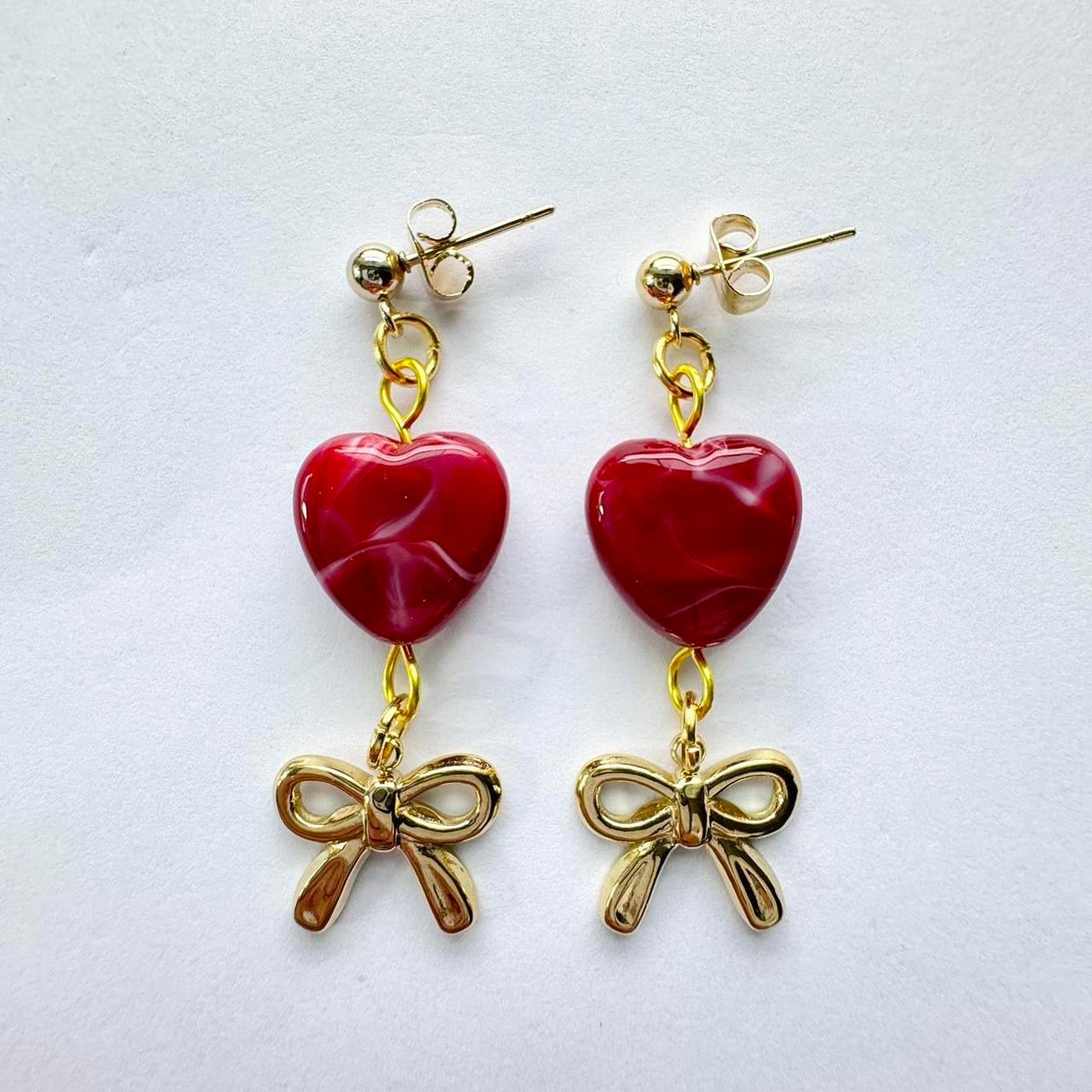 Gold Bow & Red Heart Earrings