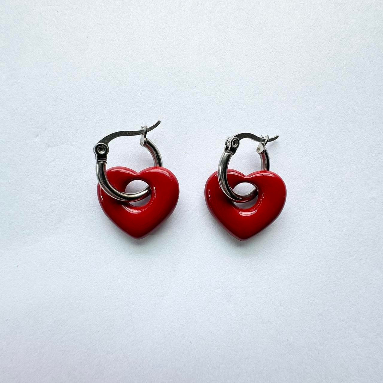 Red Puffy Heart Hoop Earrings