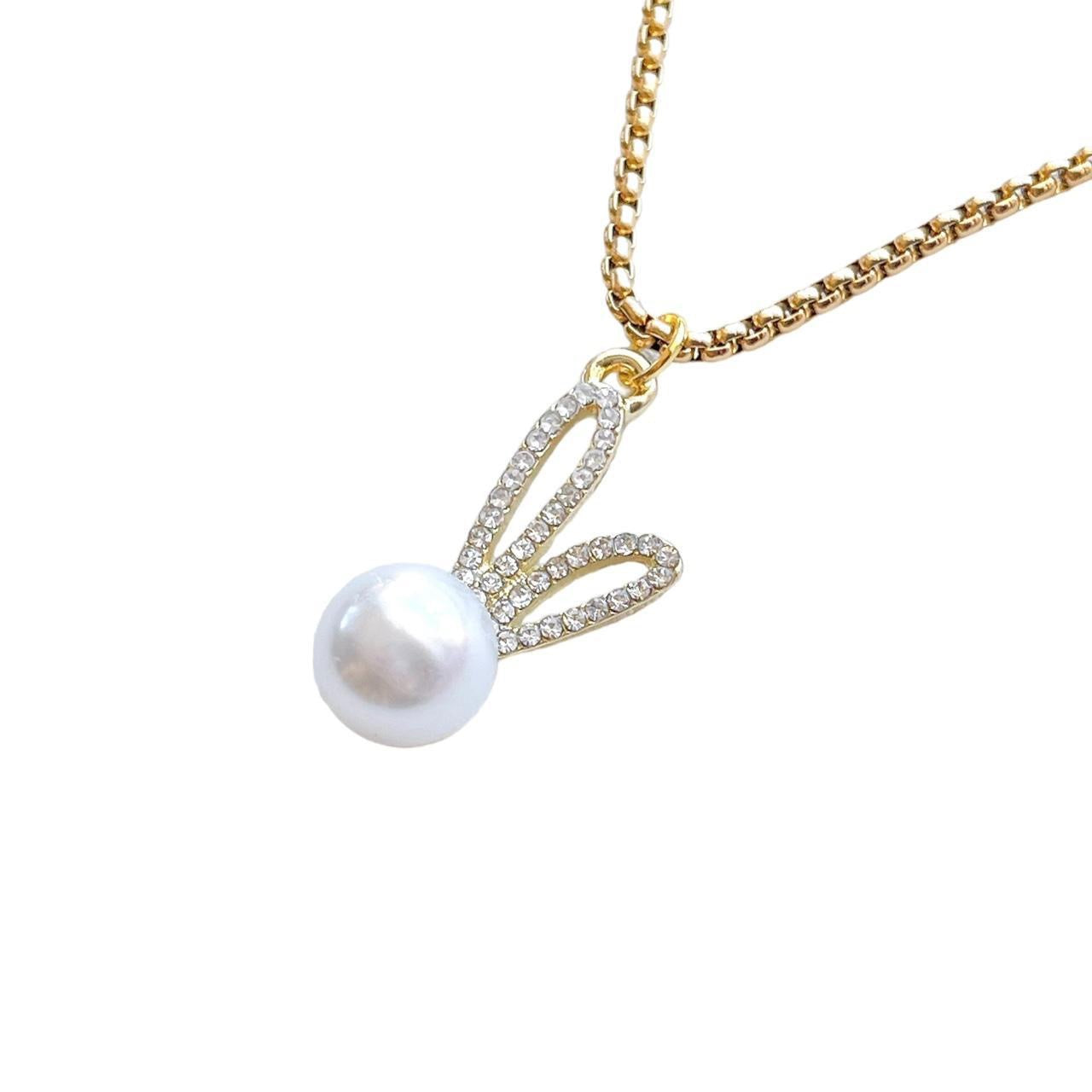 Gold Rhinestone Pearl Bunny Necklace