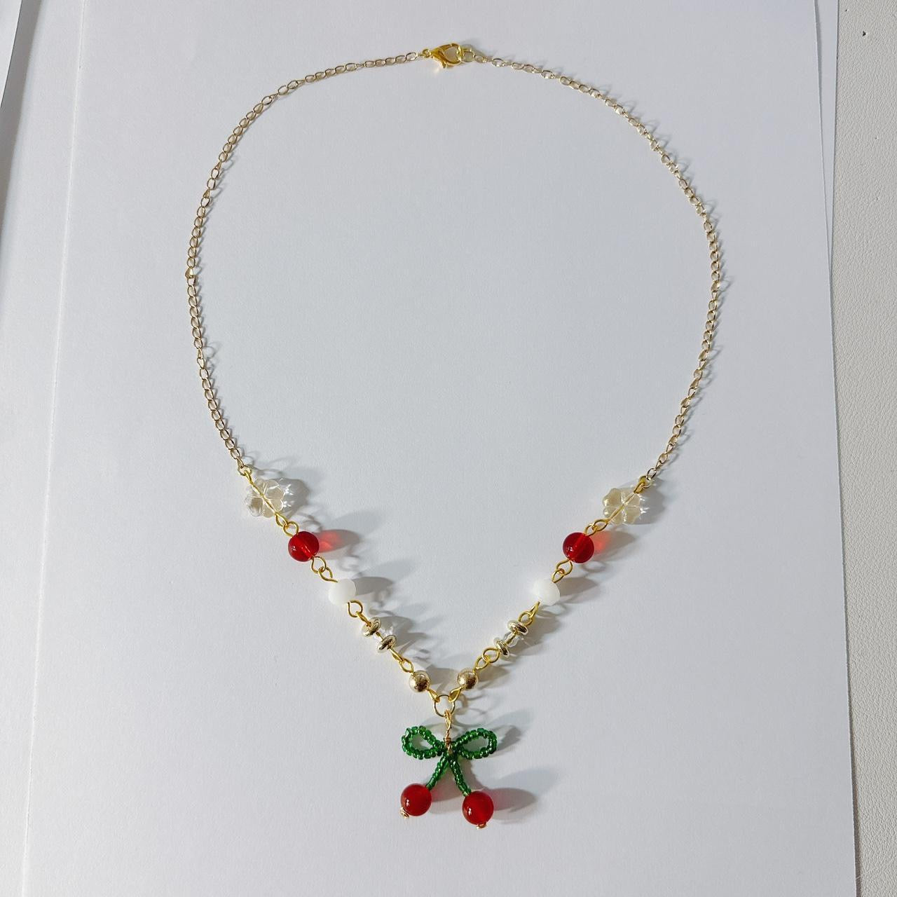 Gold Cherry Bow Beaded Necklace