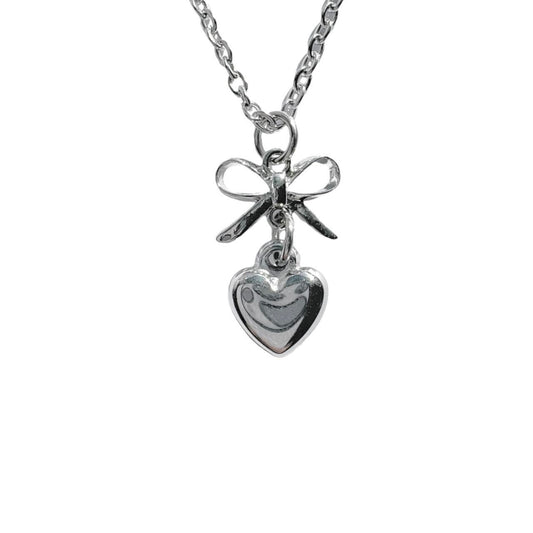 Silver Bow & Heart Necklace