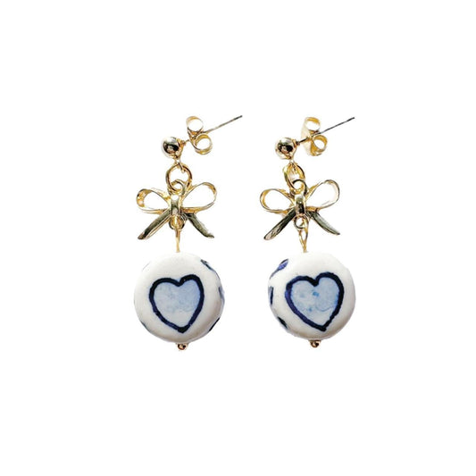 Gold Bow & Porcelain Heart Earrings