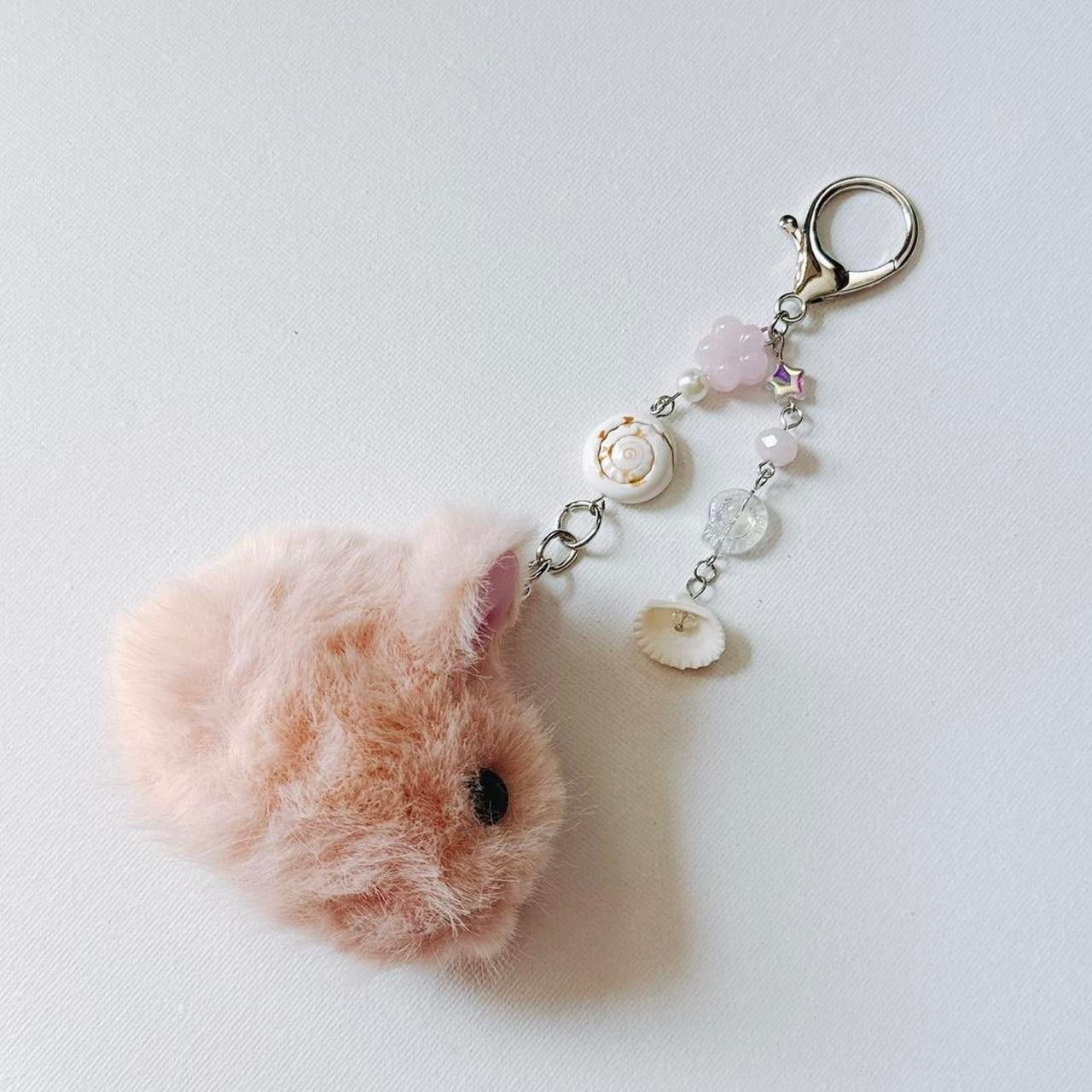 pink fluffy bunny keychain - seashells