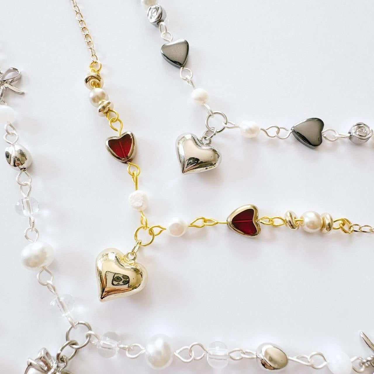 Gold Pearl Heart Beaded Necklace