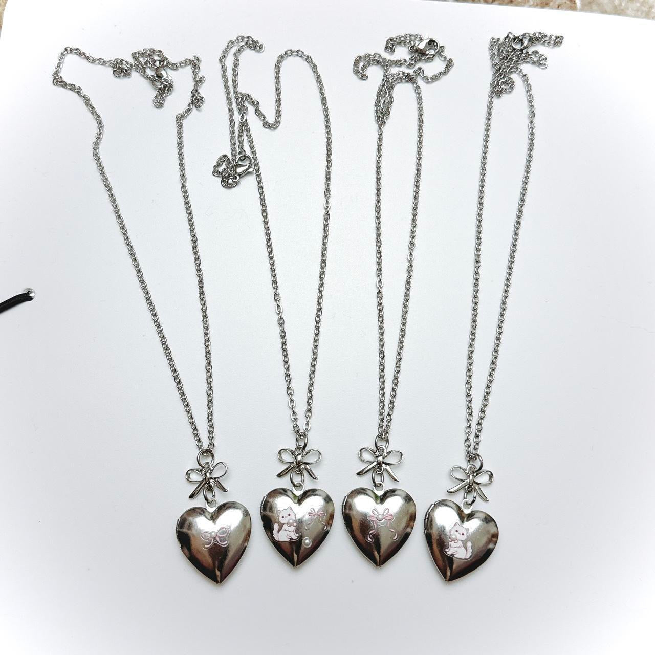 Silver Bow & Heart Locket - cat version