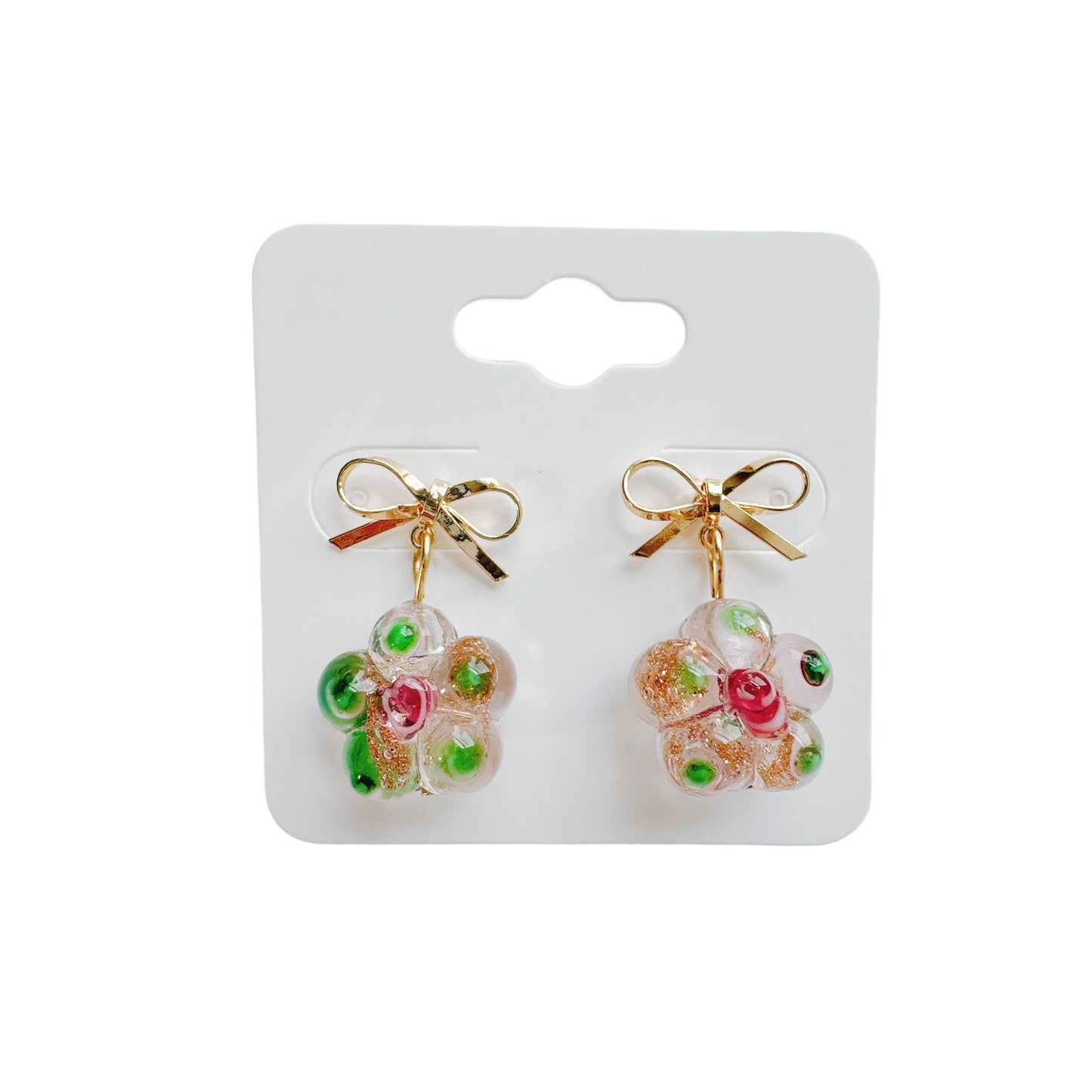 Gold Bow & Glass Flower Earrings