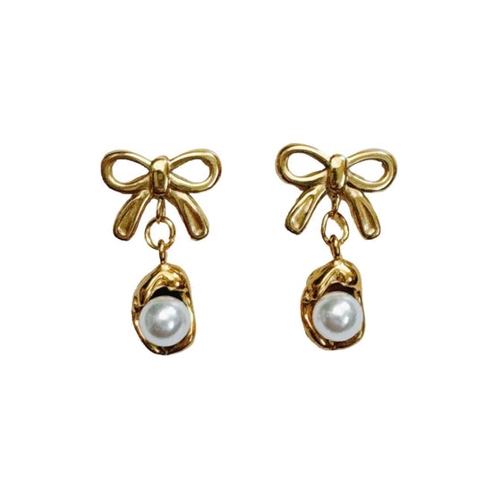 Gold Bow & Pearl Bean Earrings