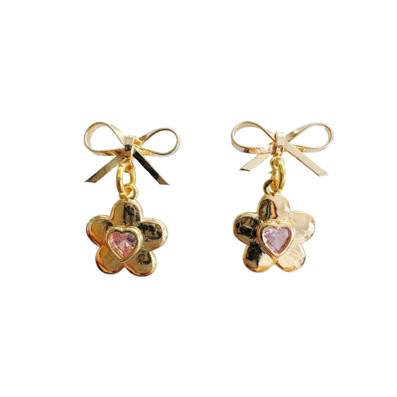 Gold Bow & Flower Earrings