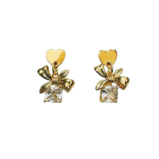 gold heart & rhinestone bow earrings