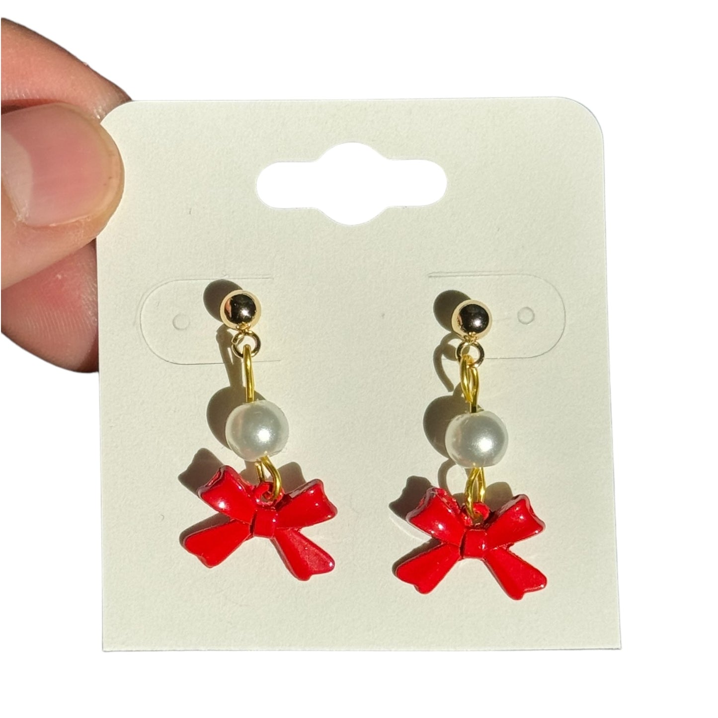 Gold Pearl & Red Bow Earrings