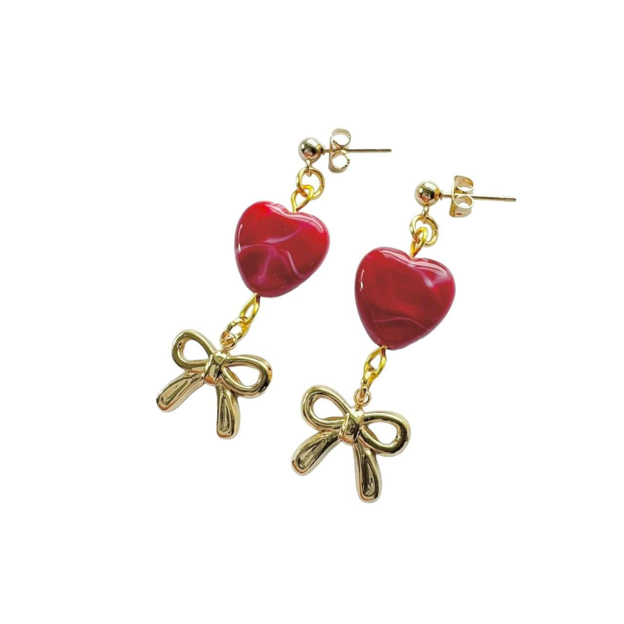 Gold Bow & Red Heart Earrings