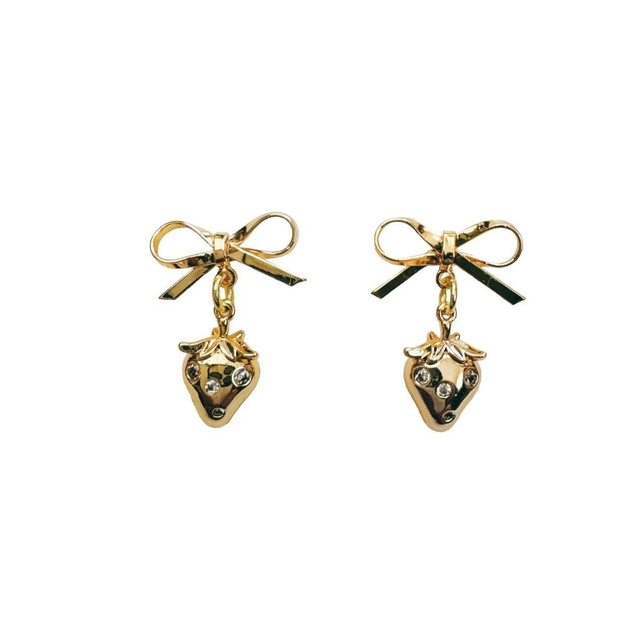 gold bow & rhinestone strawberry earrings