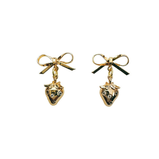 gold bow & rhinestone strawberry earrings