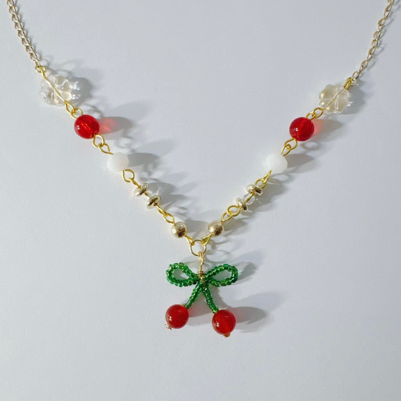 Gold Cherry Bow Beaded Necklace