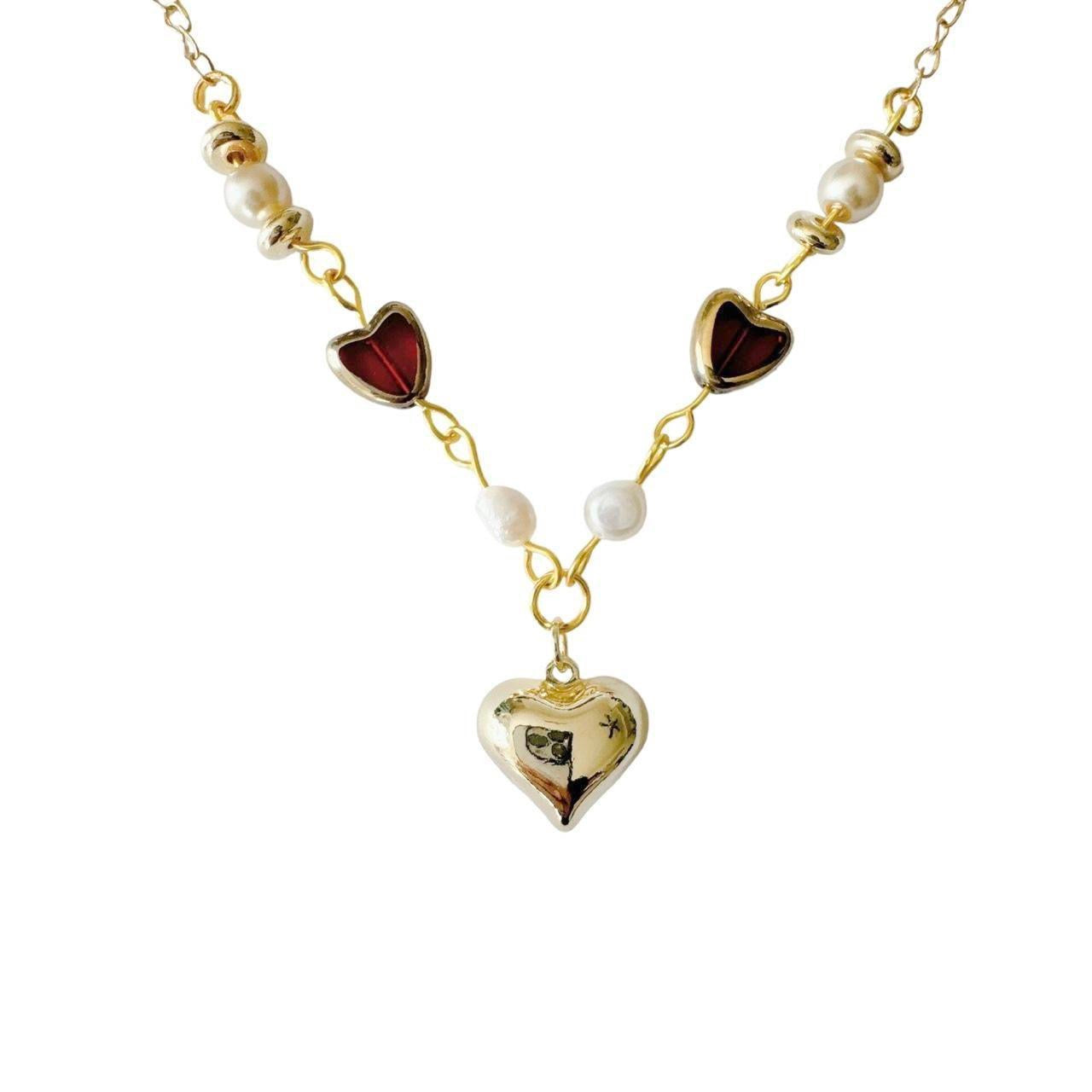 Gold Puffy Heart Beaded Necklace