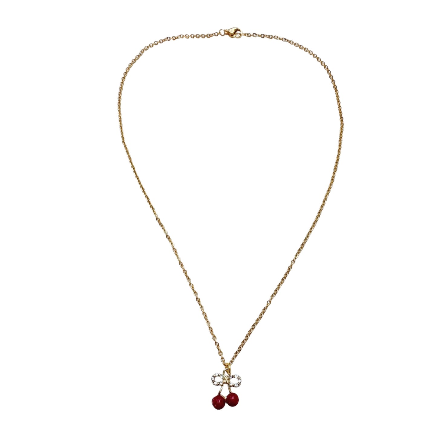 Gold Rhinestone Cherry Bow Necklace