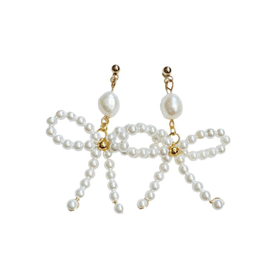 gold beaded pearl bow earrings