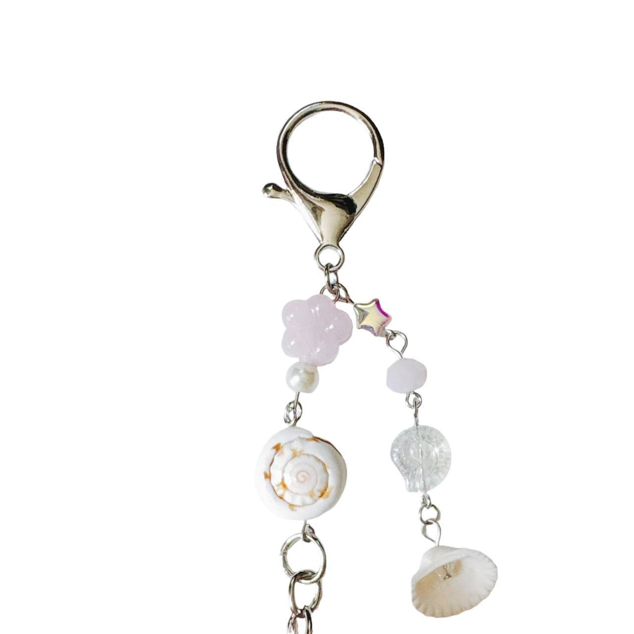 pink fluffy bunny keychain - seashells