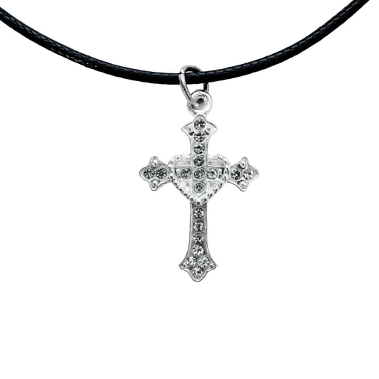 Rhinestone Heart Cross Cord Necklace