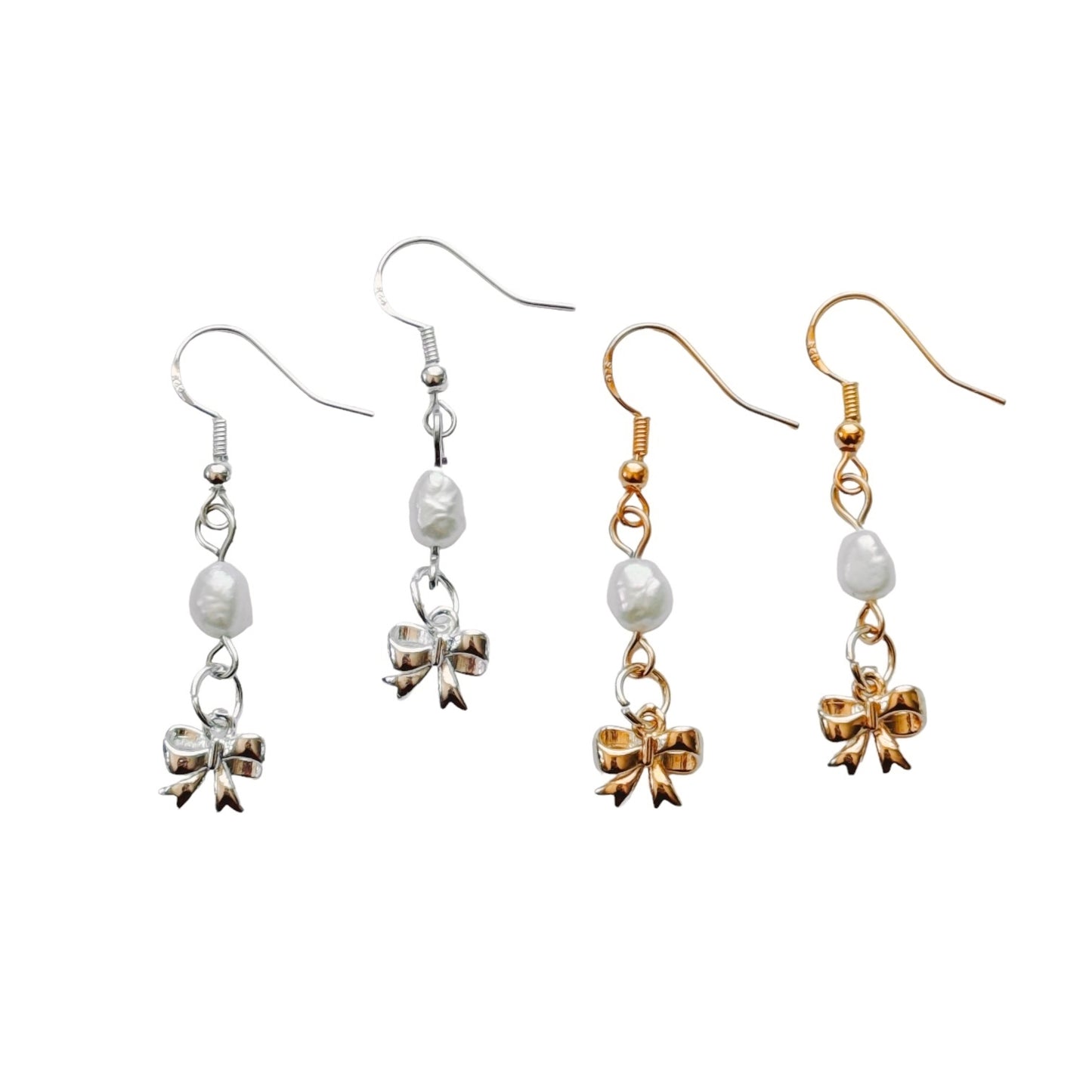 gold pearl bow dangle earrings