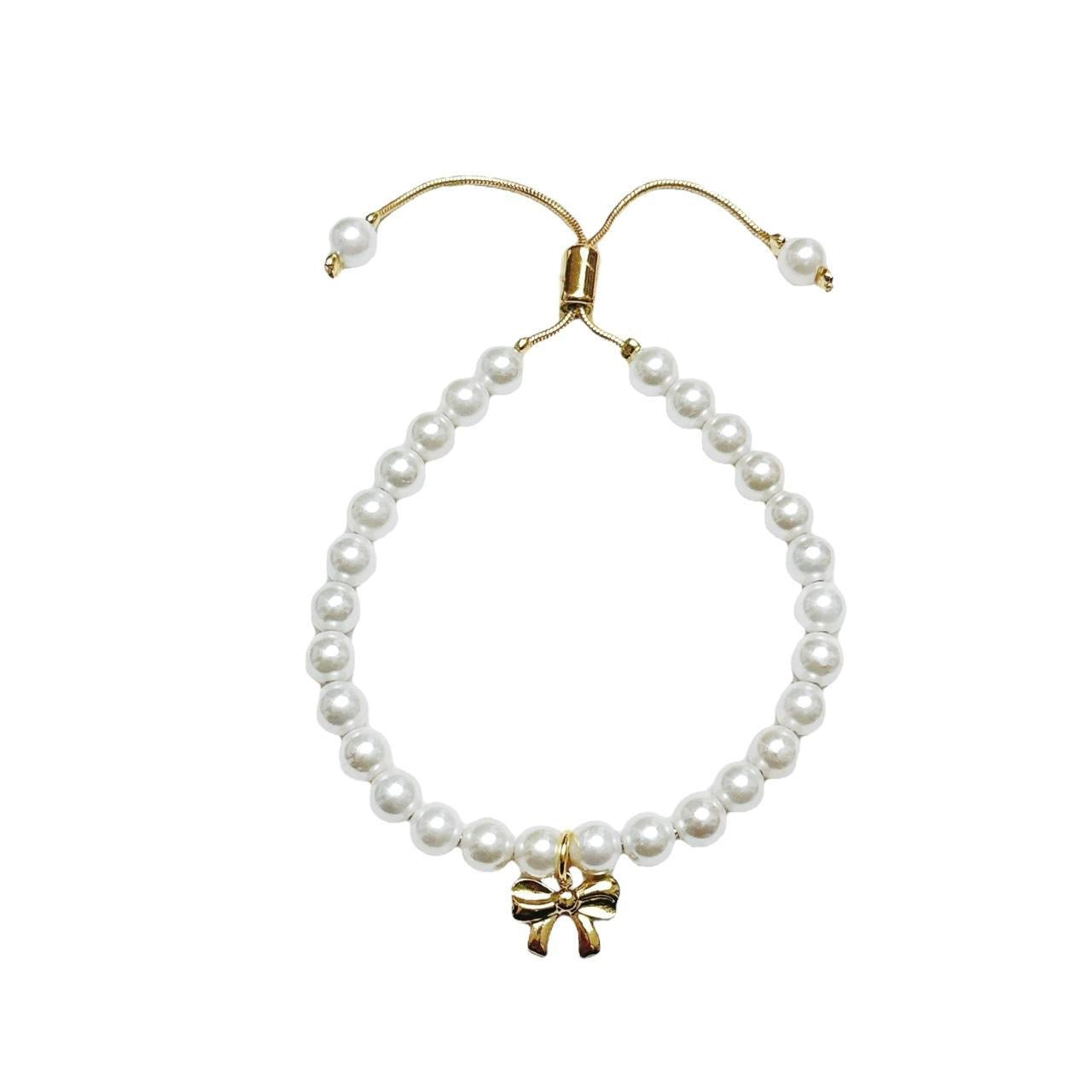 Gold Bow Pearl Slider Bracelet