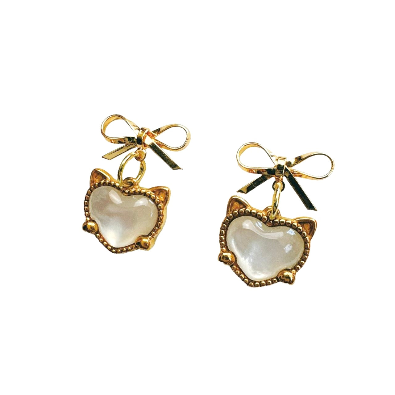 gold bow & cat shell heart earrings