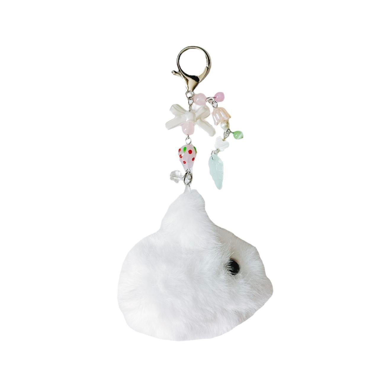 white fluffy bunny keychain - pink strawberry