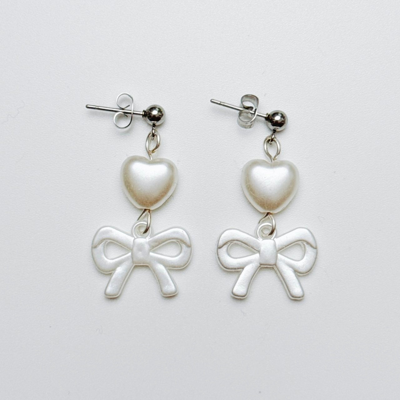 Faux Pearl Heart & Bow Earrings