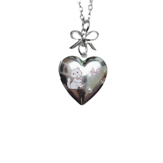 Silver Bow & Heart Locket - cat & bow version