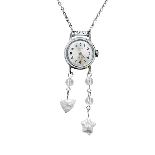 silver pearl watch necklace