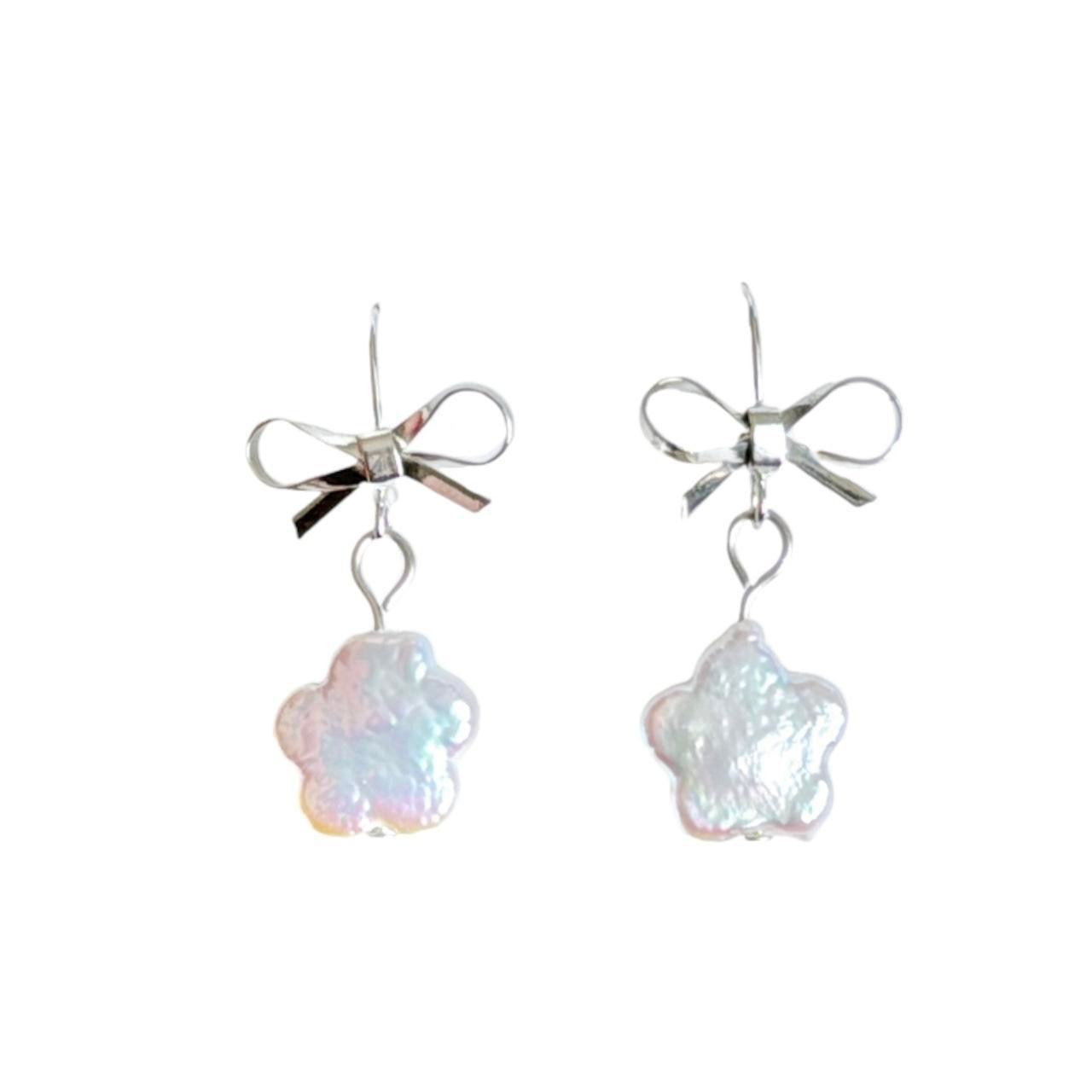 Silver Bow & Pearl Flower Earrings