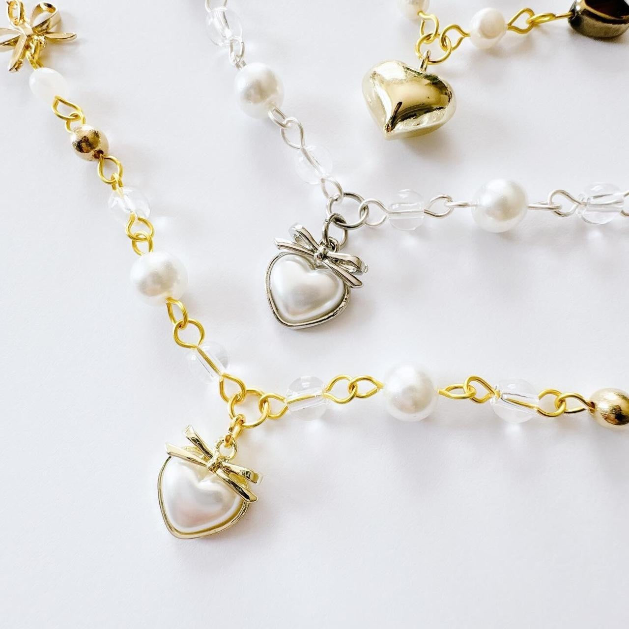 Gold Pearl Heart Beaded Necklace