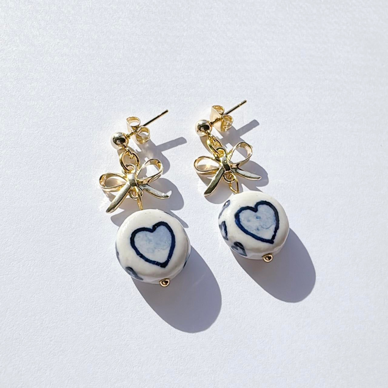 Gold Bow & Porcelain Heart Earrings