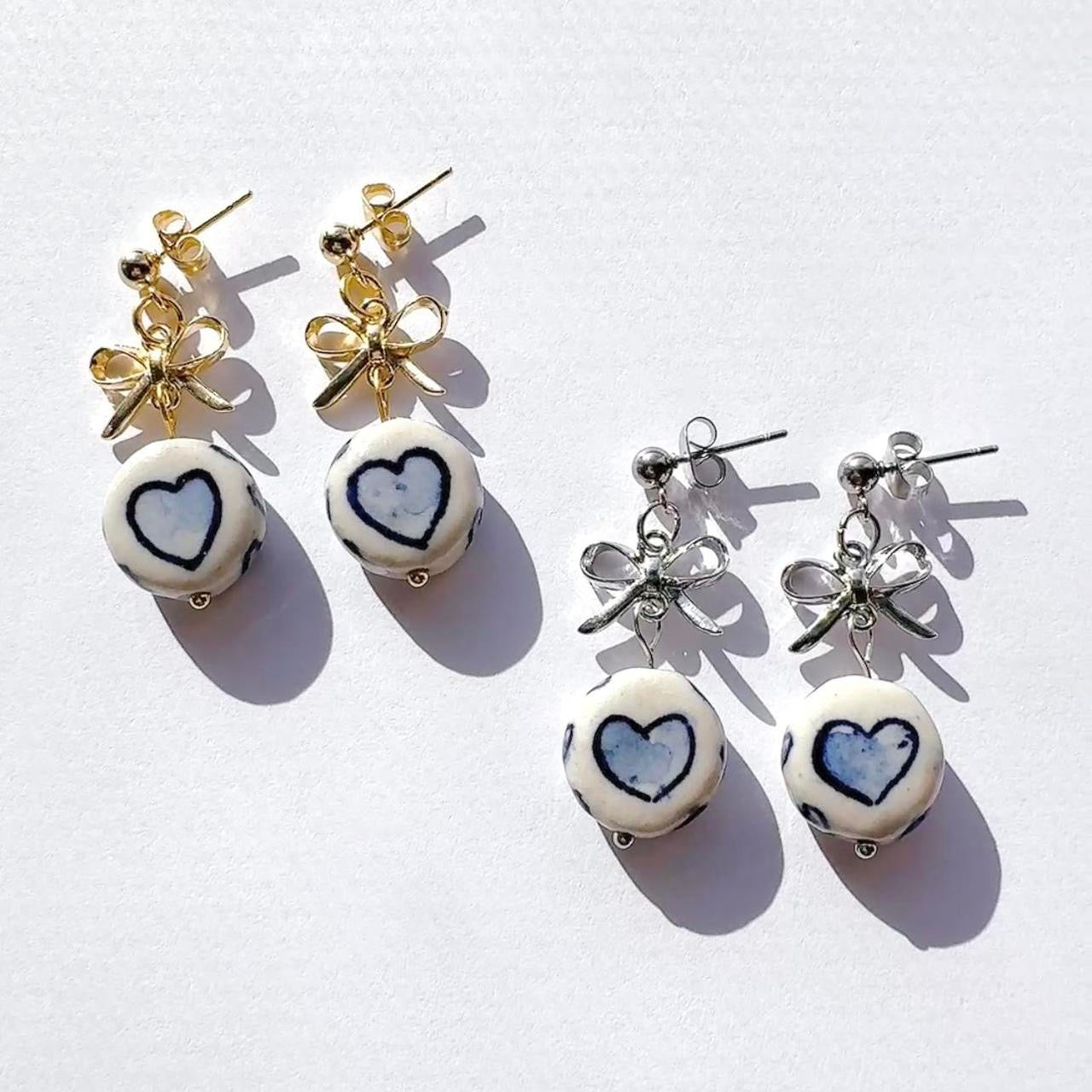 Silver Bow & Porcelain Heart Earrings