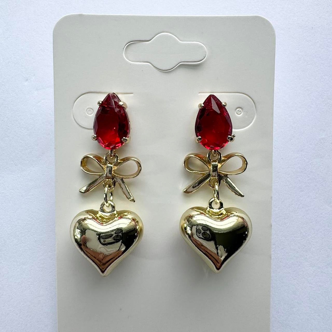 Red & Gold Bow & Heart Earrings