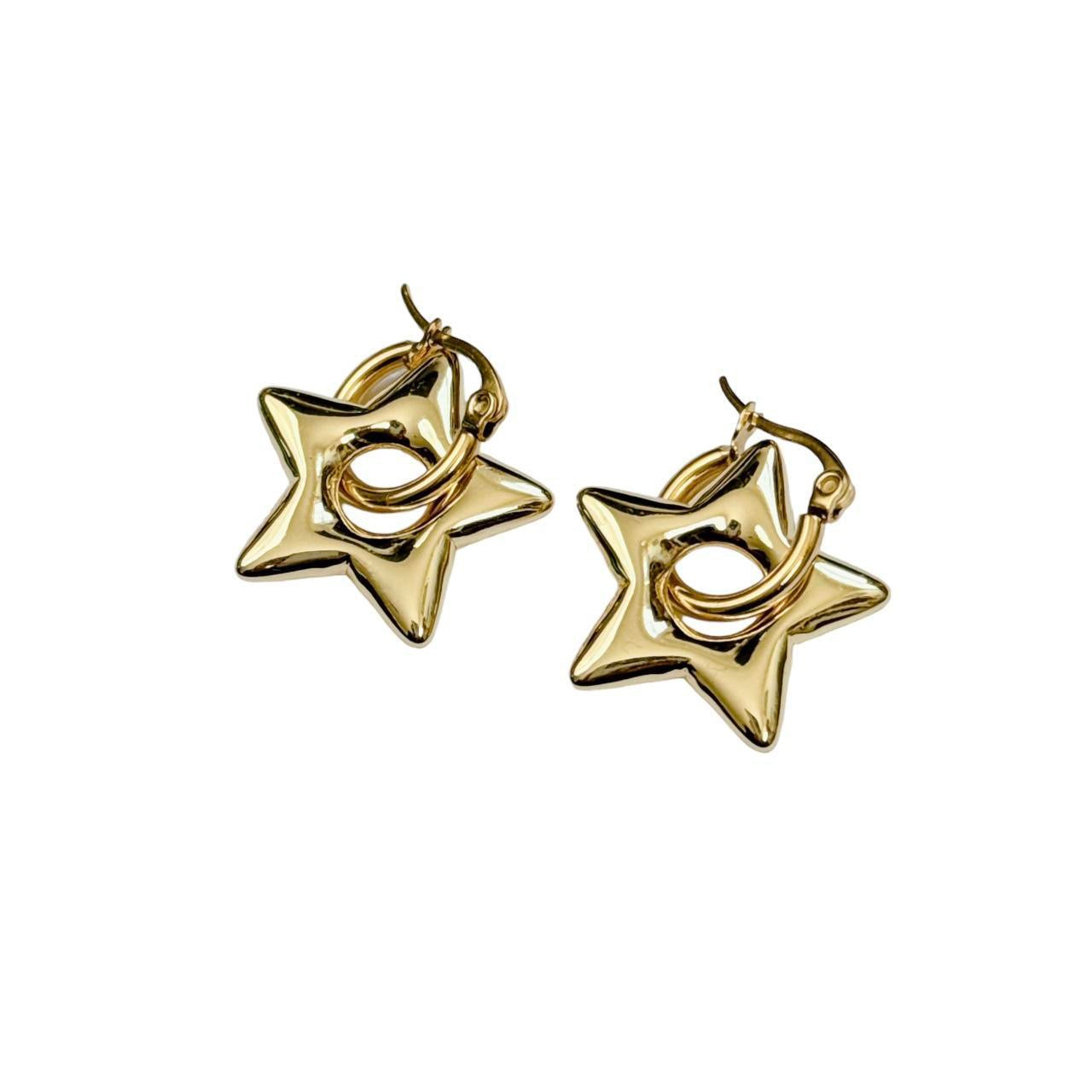 Gold Puffy Star Hoop Earrings